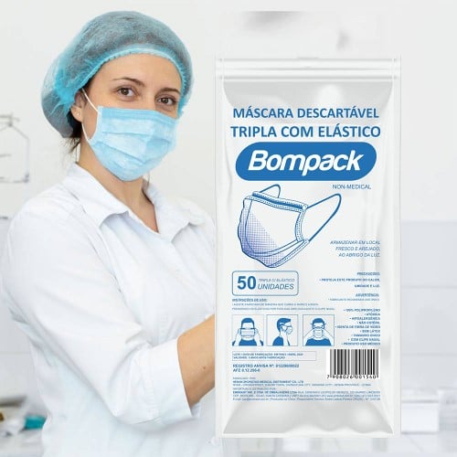 Máscara Cirúrgica Tripla Descartável Bompack Com Elástico 50 Unidades