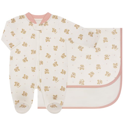 Jogo Maternidade em suedine Antiviral Ursinha: Macacão longo c/ zíper + Cueiro - Anjos Baby 