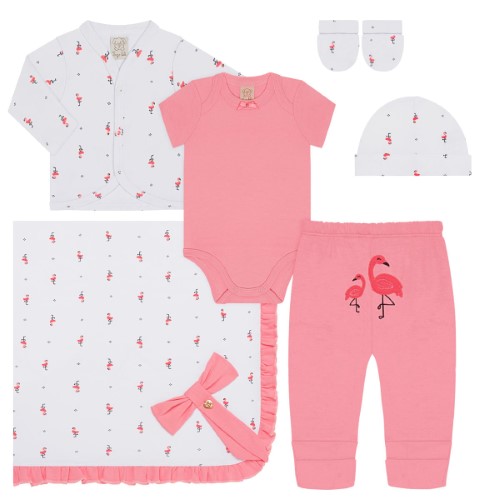 Jogo Maternidade Flamingo: Casaquinho + Body curto + Calça + Touca + Luva + Manta - Pingo Lelê