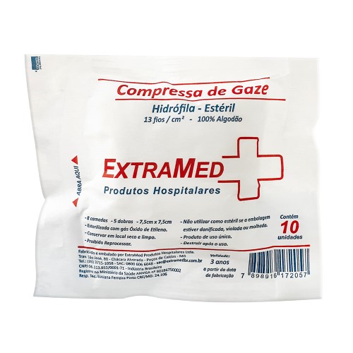 Compressa Gaze Extramed 7,5cm x 7,5cm Hidrófila Estéril 10 Unidades