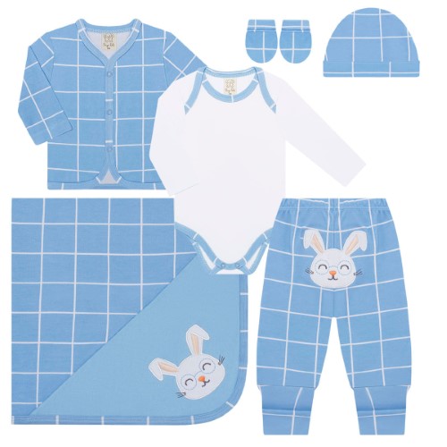 Jogo Maternidade Coelhinho: Casaquinho + Body longo + Calça + Touca + Luva + Manta - Pingo Lelê