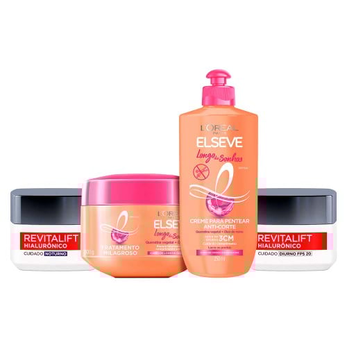L’Oréal Paris Kit – Revitalift Hialurônico Diurno FPS20 + Noturno + Creme de Tratamento Longo dos Sonhos + Creme de Pentear