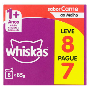 Ração para Gatos Adultos Whiskas 1+ Anos Sabor Carne ao Molho Leve 8 Pague 7 Unidades de 85g cada