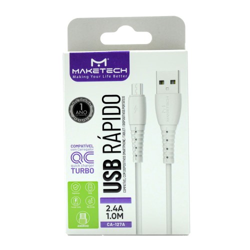 Cabo Micro USB Maketech CA 127A Branco 2.4A 1 Metro