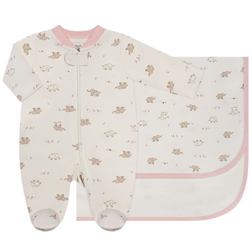 Jogo Maternidade em suedine Antiviral Elefantinha: Macacão longo c/ zíper + Cueiro - Anjos Baby 